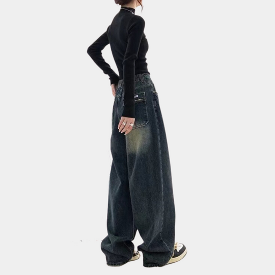 Jean Femme Baggy Décontracté avec Détails Effilochés et Taille Ajustable 1