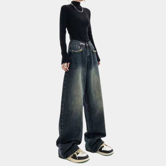 Jean Femme Baggy Décontracté avec Détails Effilochés et Taille Ajustable 2