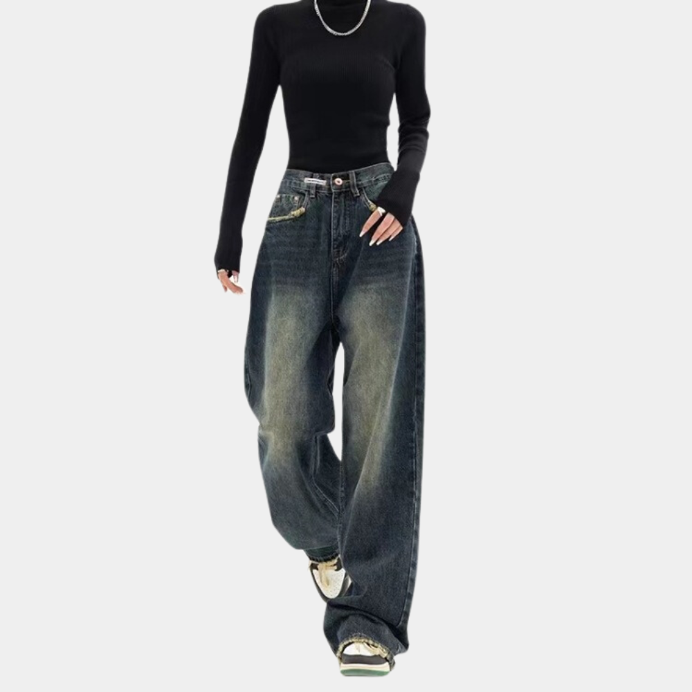 Jean Femme Baggy Décontracté avec Détails Effilochés et Taille Ajustable 3