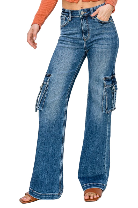 Jeans Cargo Large Taille Haute Femme Denim Foncé 0