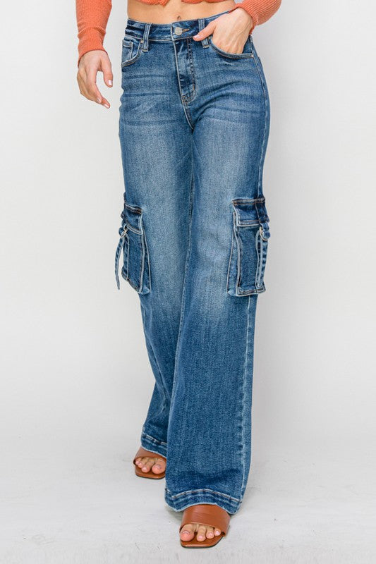 Jeans Cargo Large Taille Haute Femme Denim Foncé 1