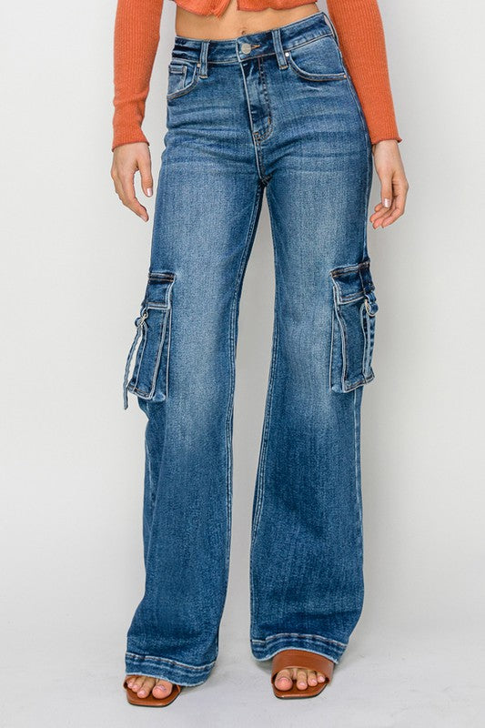 Jeans Cargo Large Taille Haute Femme Denim Foncé 2