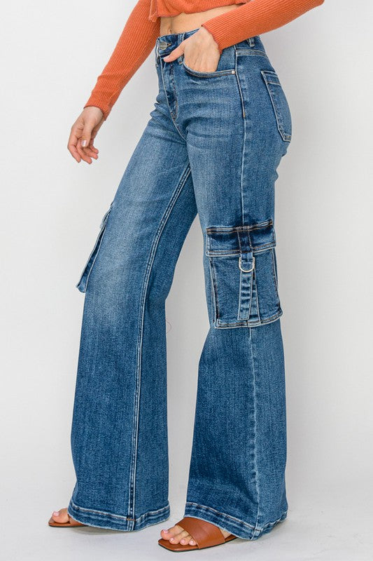 Jeans Cargo Large Taille Haute Femme Denim Foncé 3