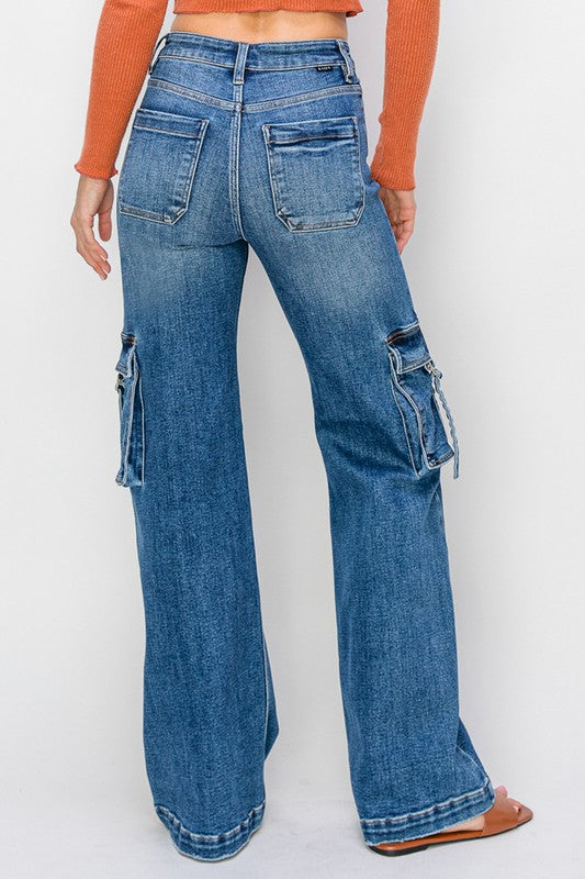 Jeans Cargo Large Taille Haute Femme Denim Foncé 4