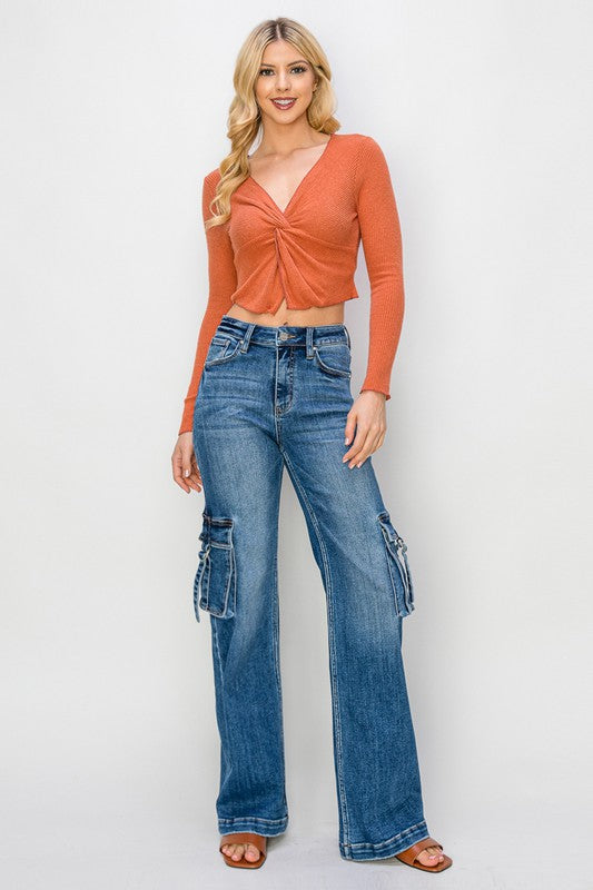 Jeans Cargo Large Taille Haute Femme Denim Foncé 5
