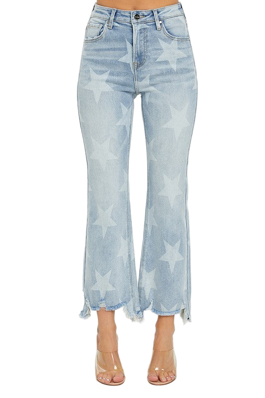 Jeans Droits Femme Taille Haute Imprimé Étoiles Denim Clair 0