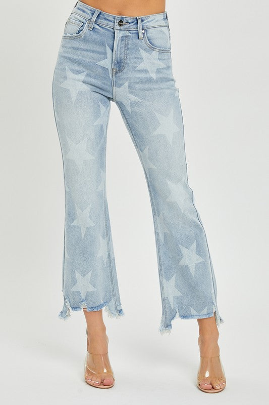 Jeans Droits Femme Taille Haute Imprimé Étoiles Denim Clair 2
