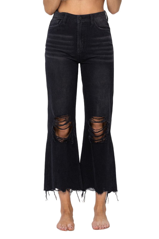 Jeans Femme Crop Flare Vintage Années 90 Noir 0