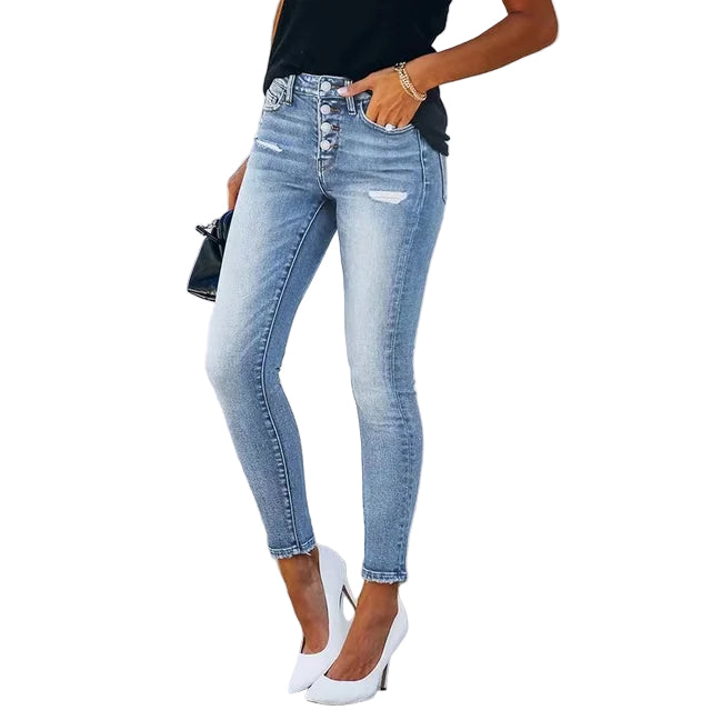Jeans Femme Détail Déchiré Style Moderne Coupe Ajustée 0