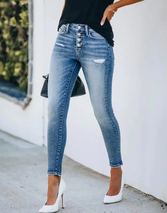 Jeans Femme Détail Déchiré Style Moderne Coupe Ajustée 3