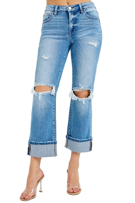 Jeans Femme Droits Mi-Haut Cuffés Coton Élasthanne 0