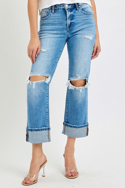 Jeans Femme Droits Mi-Haut Cuffés Coton Élasthanne 1