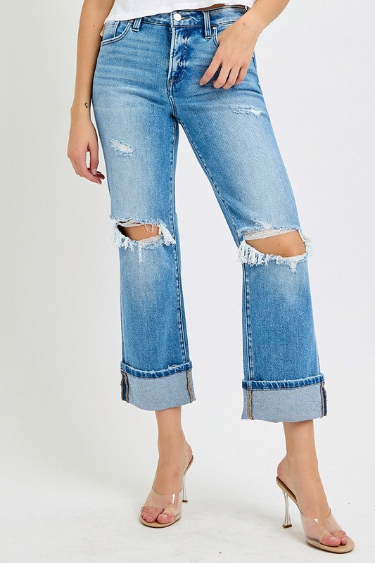 Jeans Femme Droits Mi-Haut Cuffés Coton Élasthanne 2