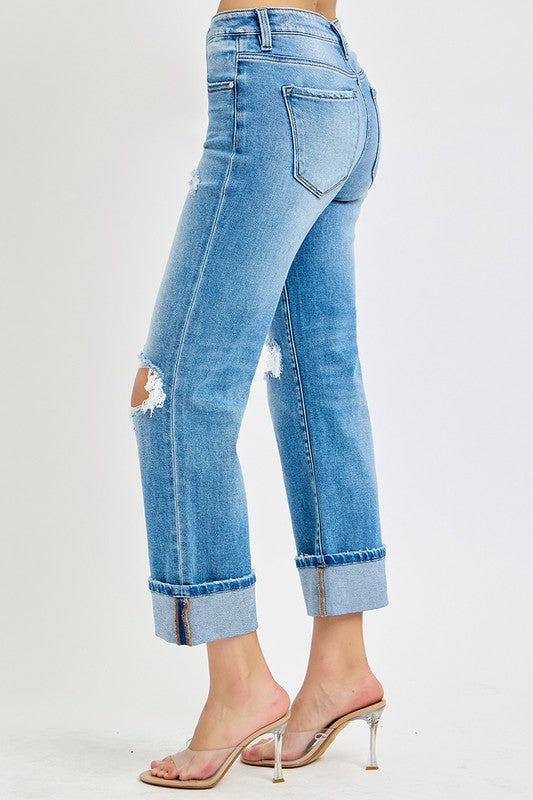 Jeans Femme Droits Mi-Haut Cuffés Coton Élasthanne 3