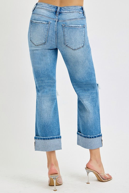 Jeans Femme Droits Mi-Haut Cuffés Coton Élasthanne 4