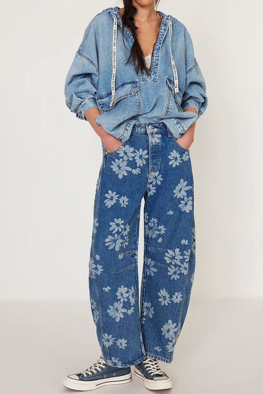 Jeans Large Jambe Fleurie Femme 1