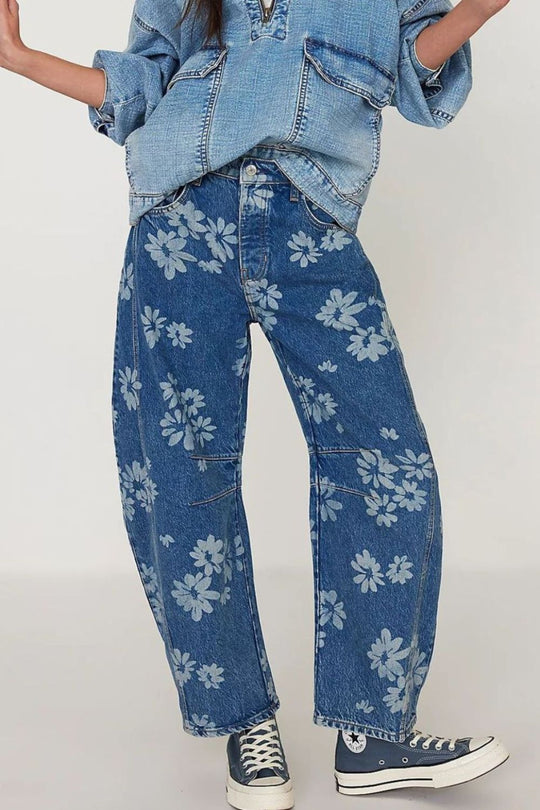 Jeans Large Jambe Fleurie Femme 2
