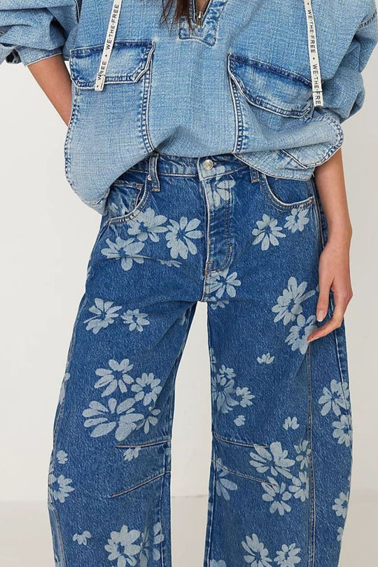 Jeans Large Jambe Fleurie Femme 3