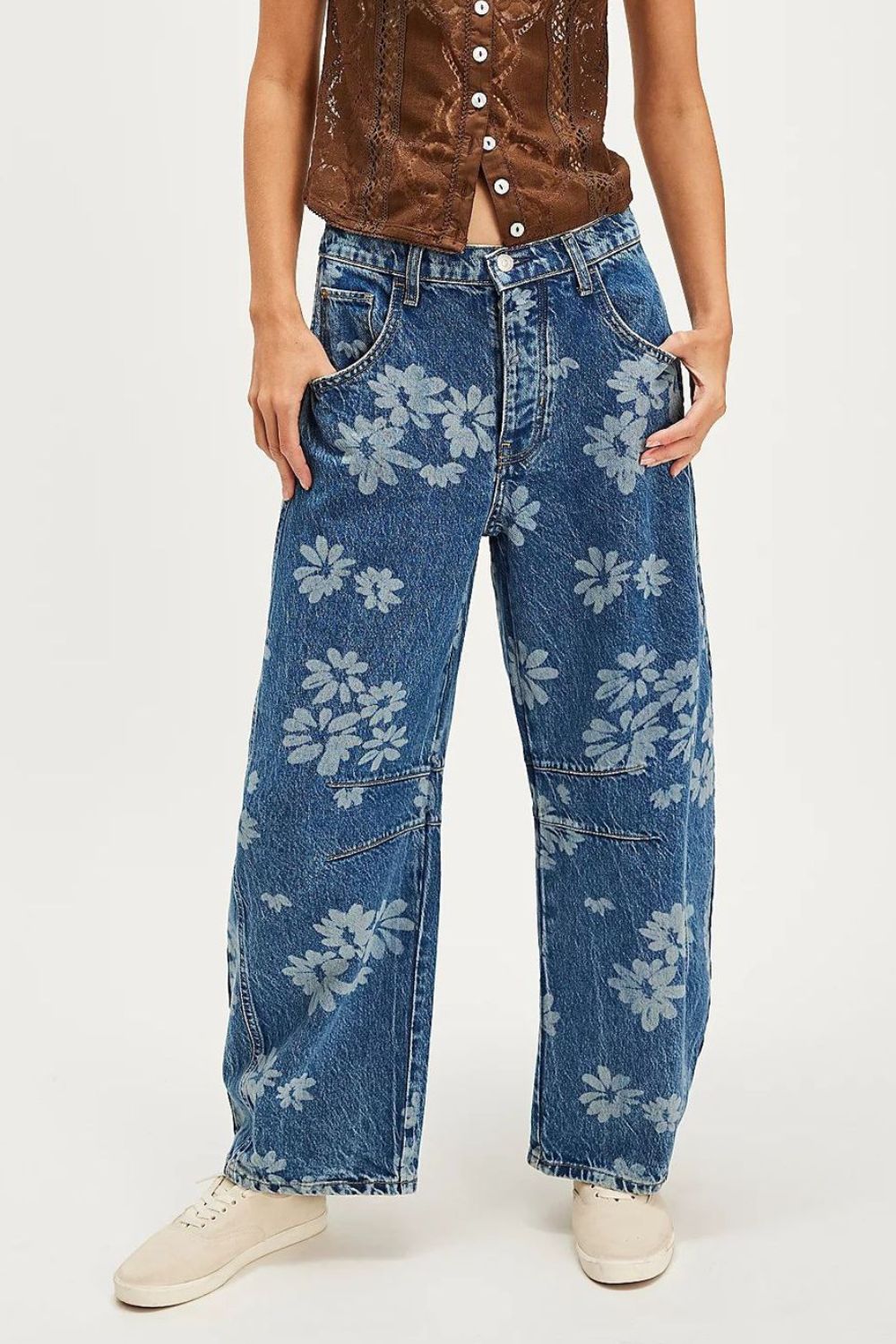 Jeans Large Jambe Fleurie Femme 4