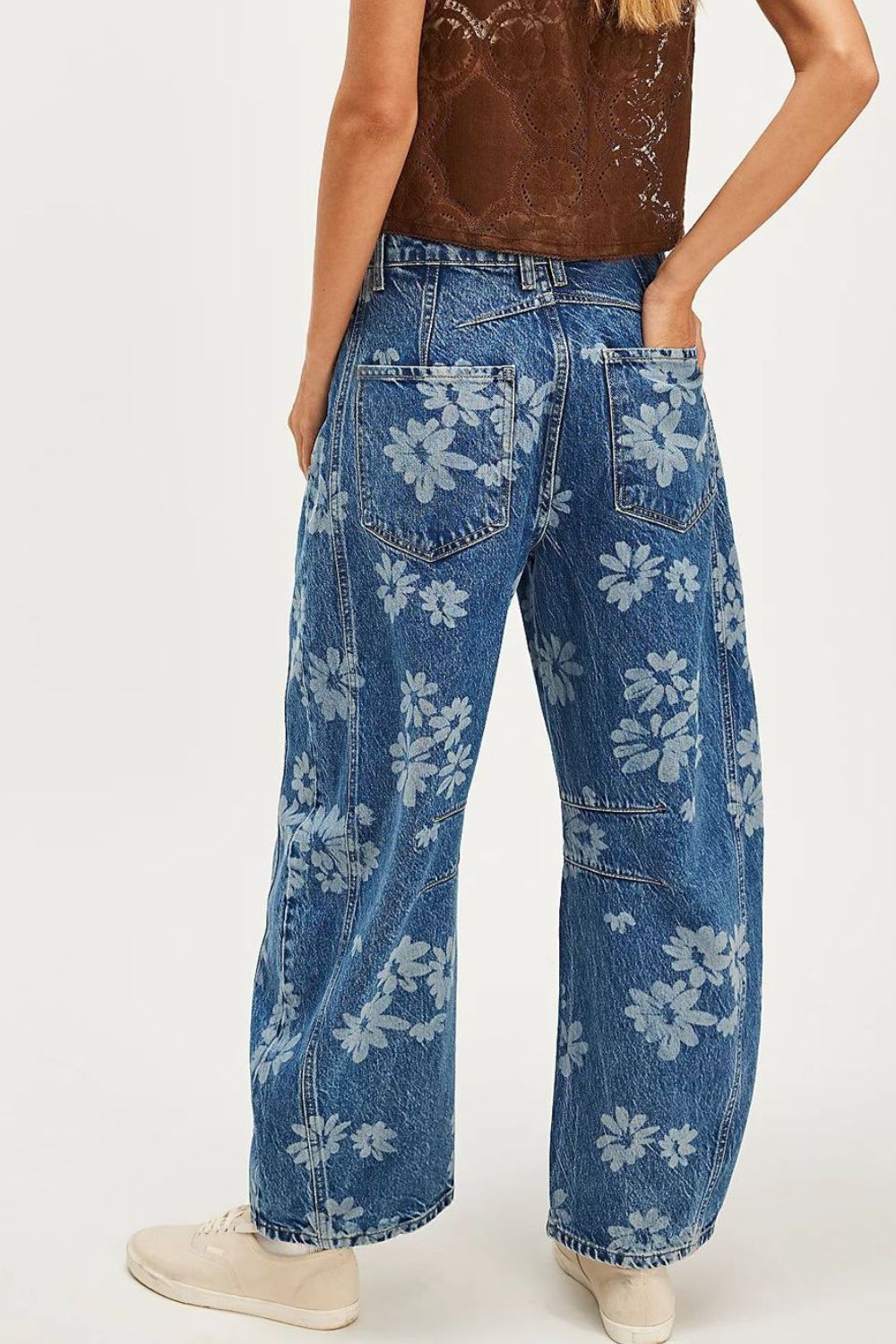 Jeans Large Jambe Fleurie Femme 5