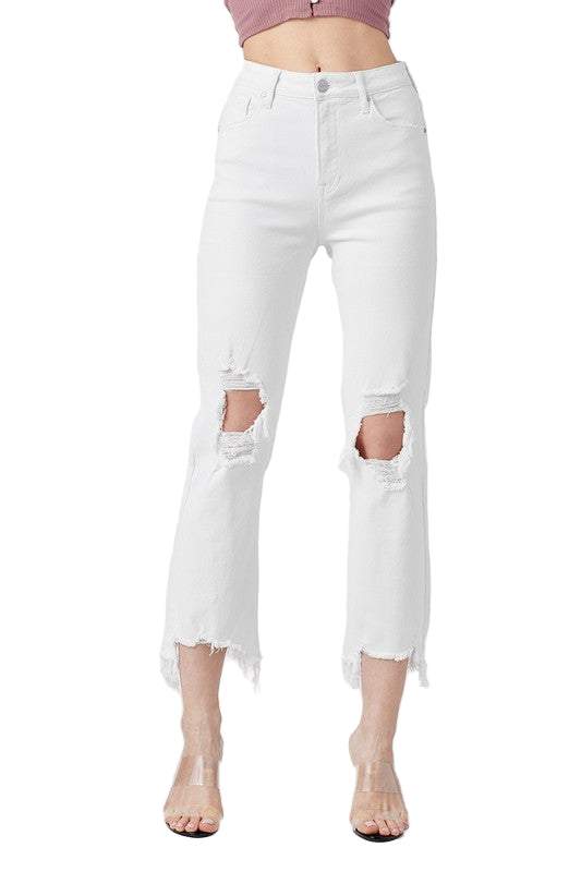 Jeans droits taille haute pour femmes en blanc 0