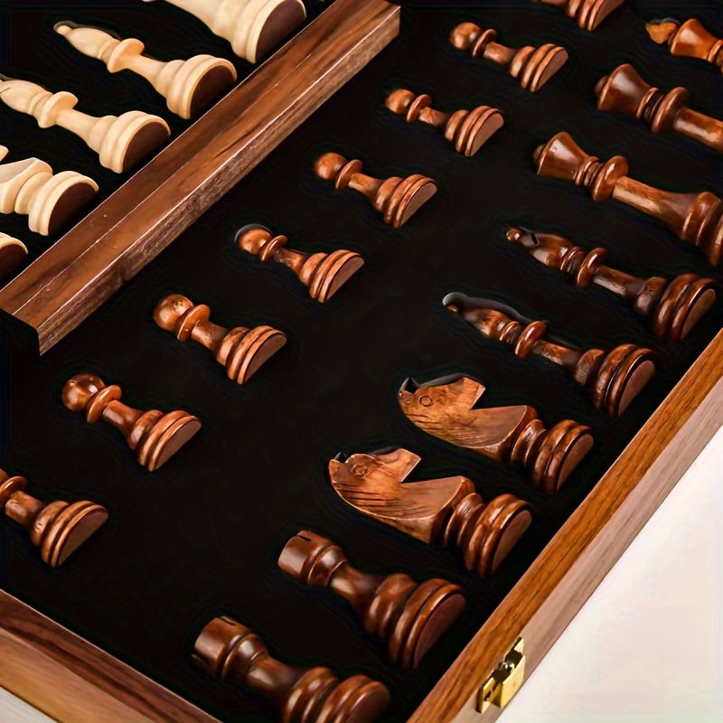 Jeu d'échecs en bois pliable avec pièces sculptées 3