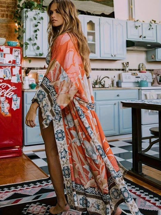Kimono Long Femme Imprimé Floral Tissu Doux 1