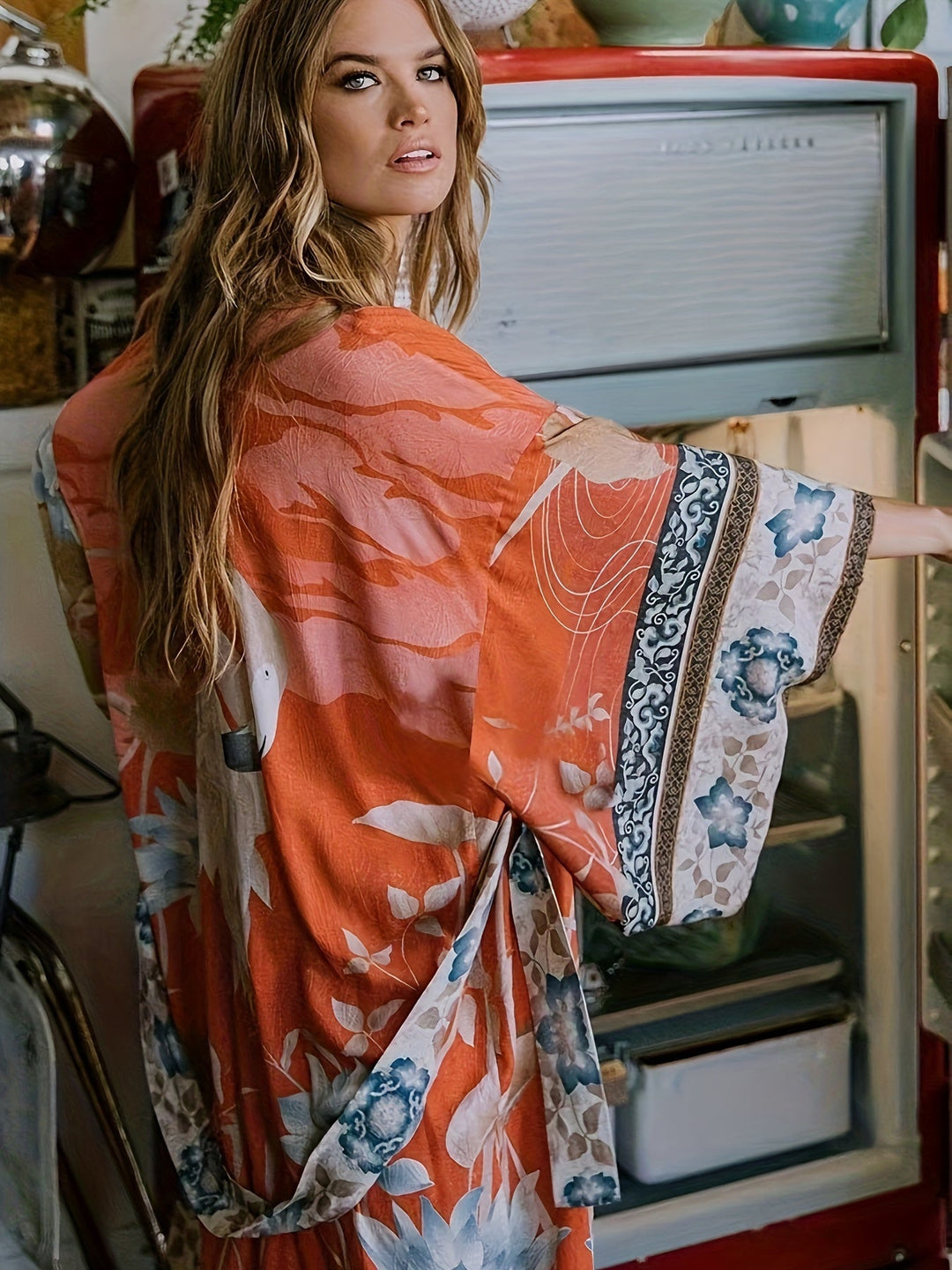 Kimono Long Femme Imprimé Floral Tissu Doux 2