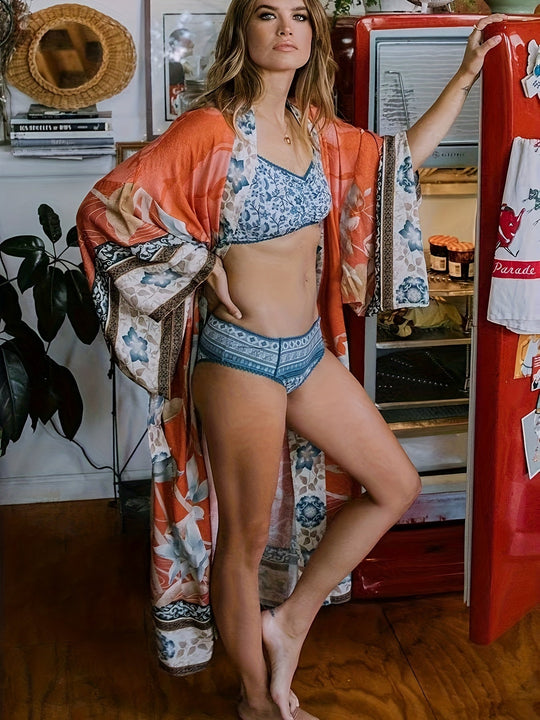 Kimono Long Femme Imprimé Floral Tissu Doux 5