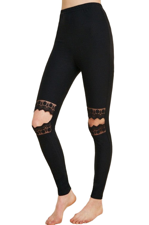 Leggings Femme Découpe en Dentelle Noir 0