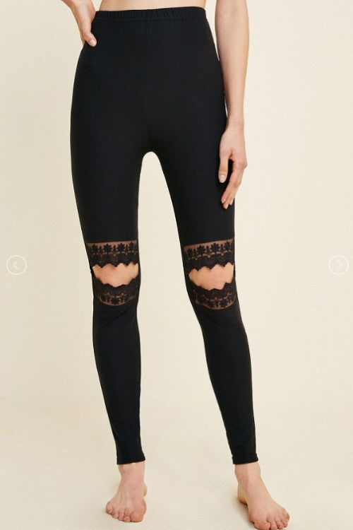 Leggings Femme Découpe en Dentelle Noir 1