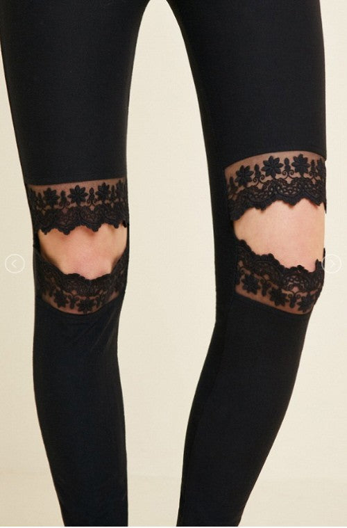 Leggings Femme Découpe en Dentelle Noir 3