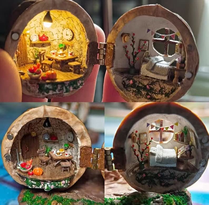 Maison de Poupée Miniature Éclairée en Coquille de Noix 1