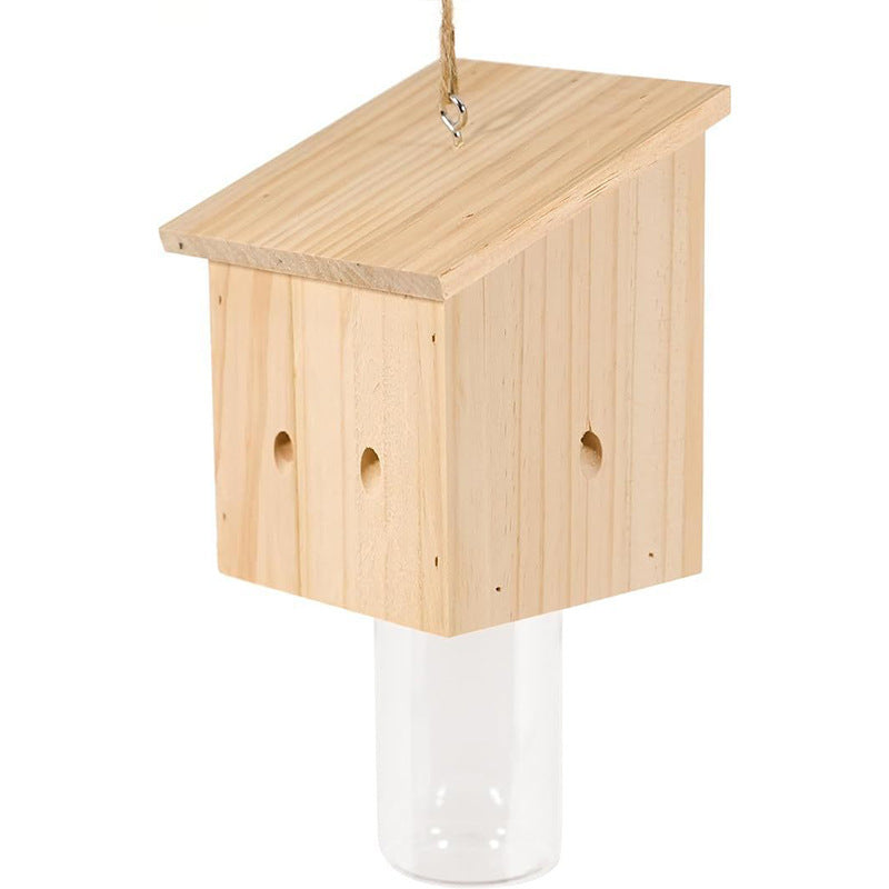 Mangeoire à oiseaux suspendue en bois avec réservoir en verre et suspension en jute 6