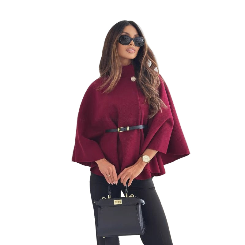 Manteau Cape Femme avec Col Haut et Taille Ceinturée 0