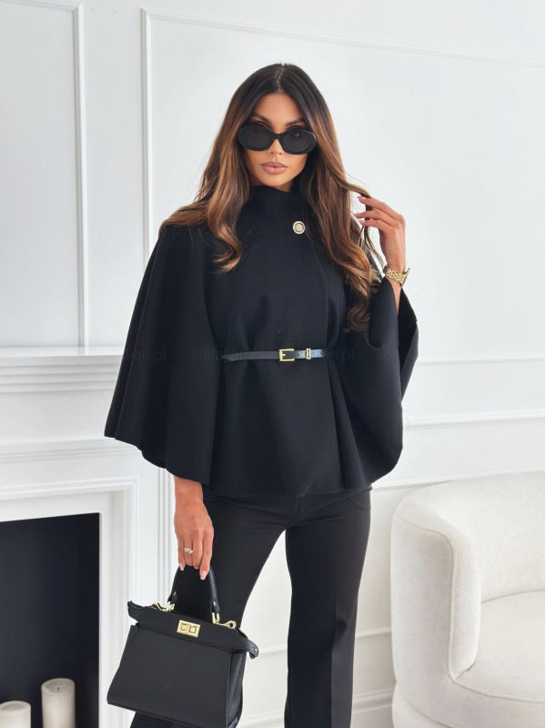 Manteau Cape Femme avec Col Haut et Taille Ceinturée 1