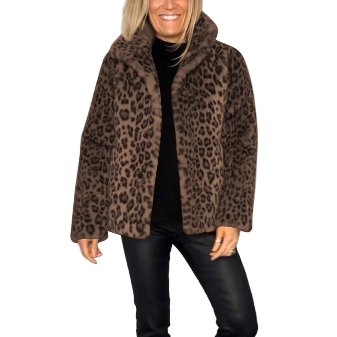 Manteau Femme en Fourrure Synthétique à Imprimé Léopard 0