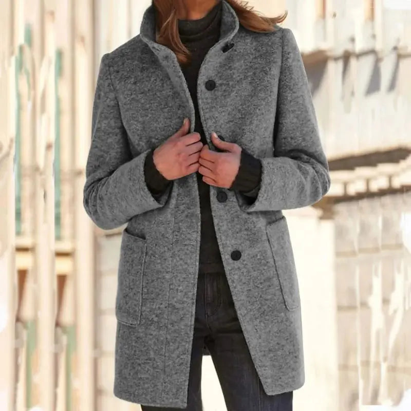 Manteau Hiver Femme Chic Mi-Long avec Poches et Col Montant 5