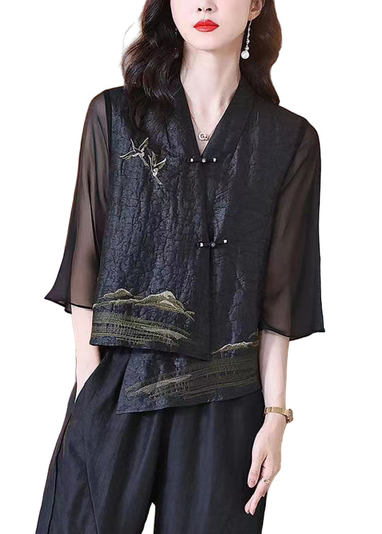 Manteau Rétro Noir à Col en V avec Détails en Patchwork 0