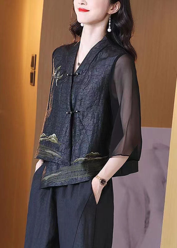 Manteau Rétro Noir à Col en V avec Détails en Patchwork 2