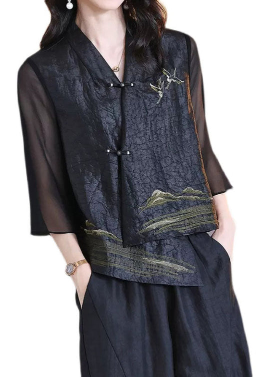 Manteau Rétro Noir à Col en V avec Détails en Patchwork 4