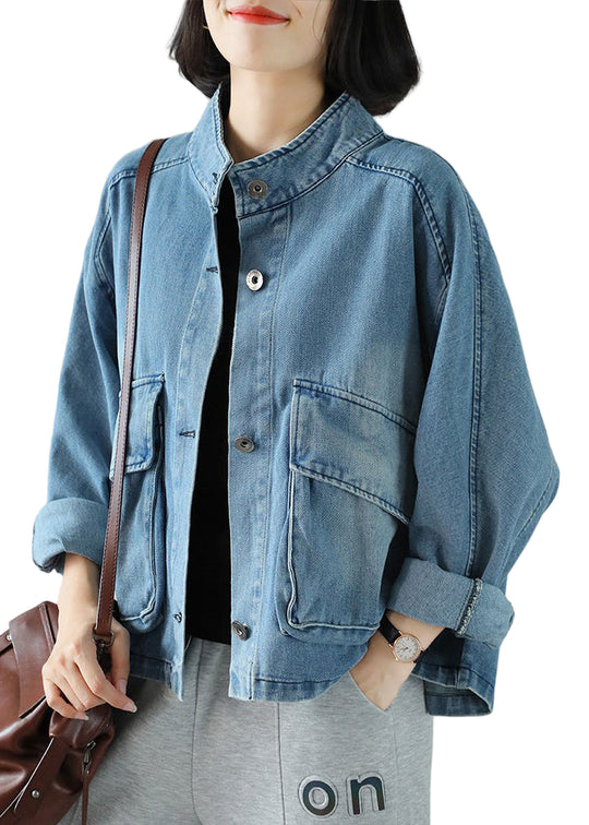 Manteau en Jean Femme Col Montant avec Poches 0