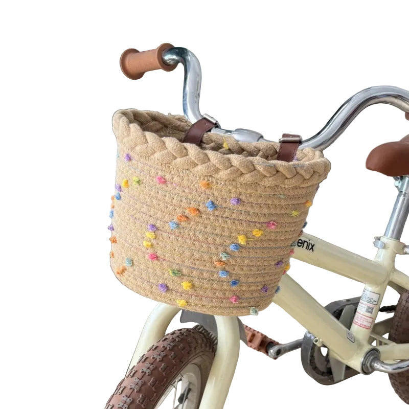 Panier Vélo Tressé Avant avec Sangles Réglables et Pompons Décoratifs pour Femme 0