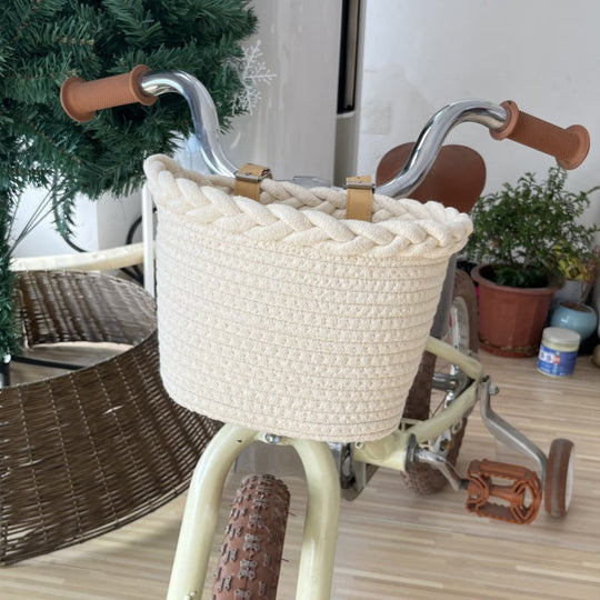 Panier Vélo Tressé Avant avec Sangles Réglables et Pompons Décoratifs pour Femme 2