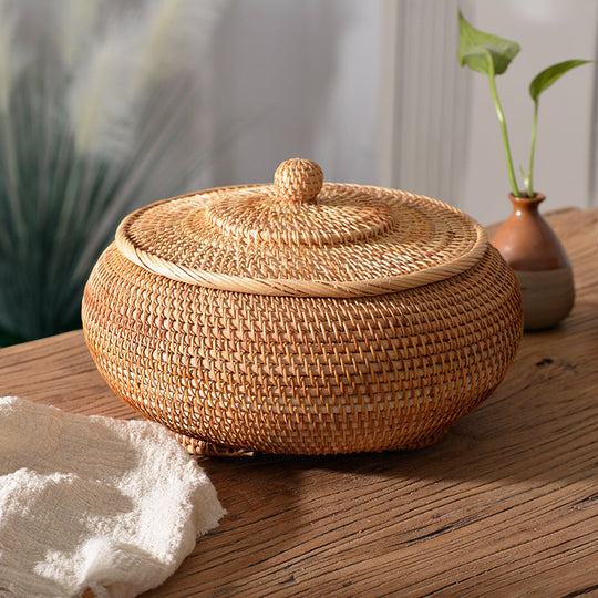 Panier de Rangement Rond avec Couvercle pour Femmes au Design Naturel 1