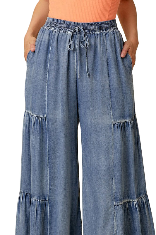 Pantalon Ample Femme Denim Lavé avec Volants 0