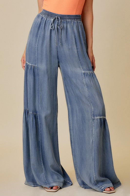Pantalon Ample Femme Denim Lavé avec Volants 1