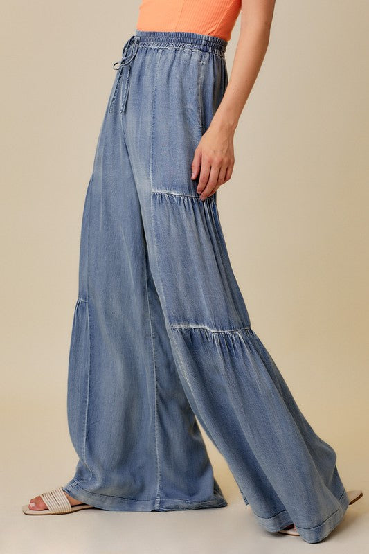 Pantalon Ample Femme Denim Lavé avec Volants 2