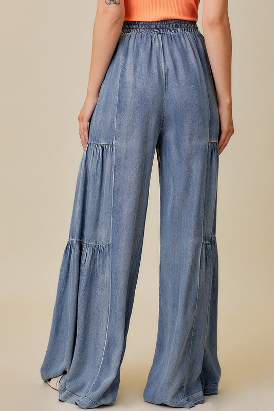 Pantalon Ample Femme Denim Lavé avec Volants 3