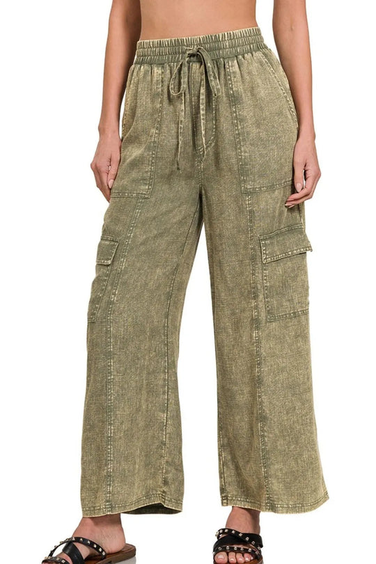Pantalon Cargo Femme Lin Lavé Taille Élastique Poches 0